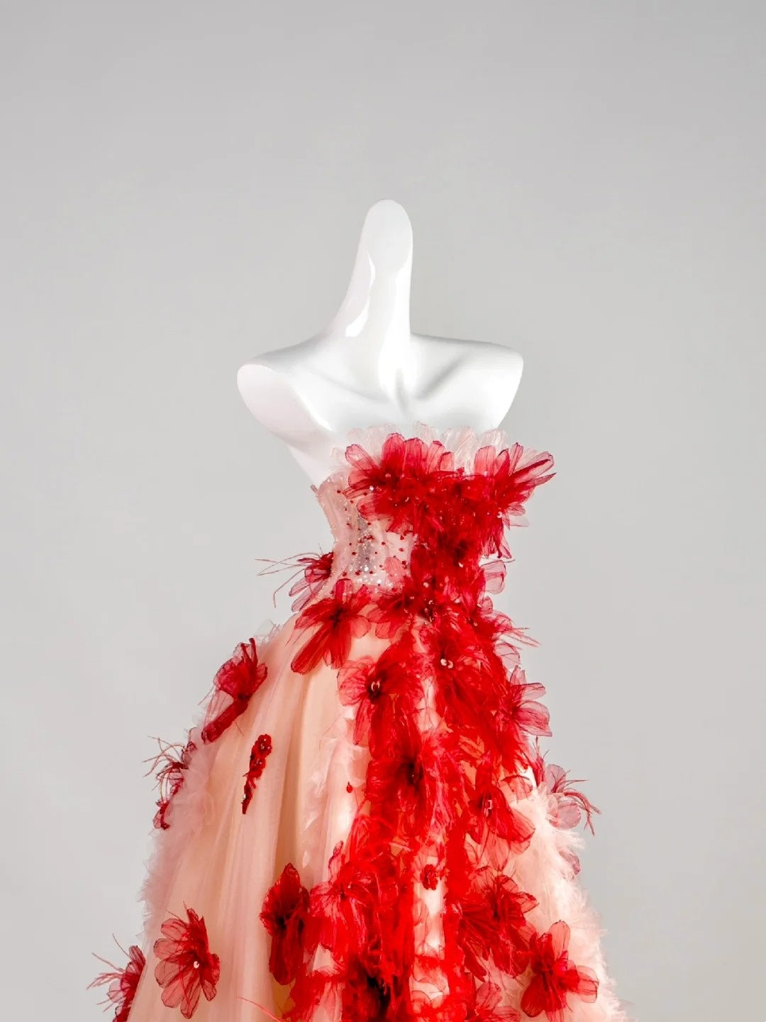 Cute Ball Gown Strapless Red Floral Sleeveless With Applique Pink Tulle Long Quinceanera Dresses Sweet 15 16 Birthday Outfit N676