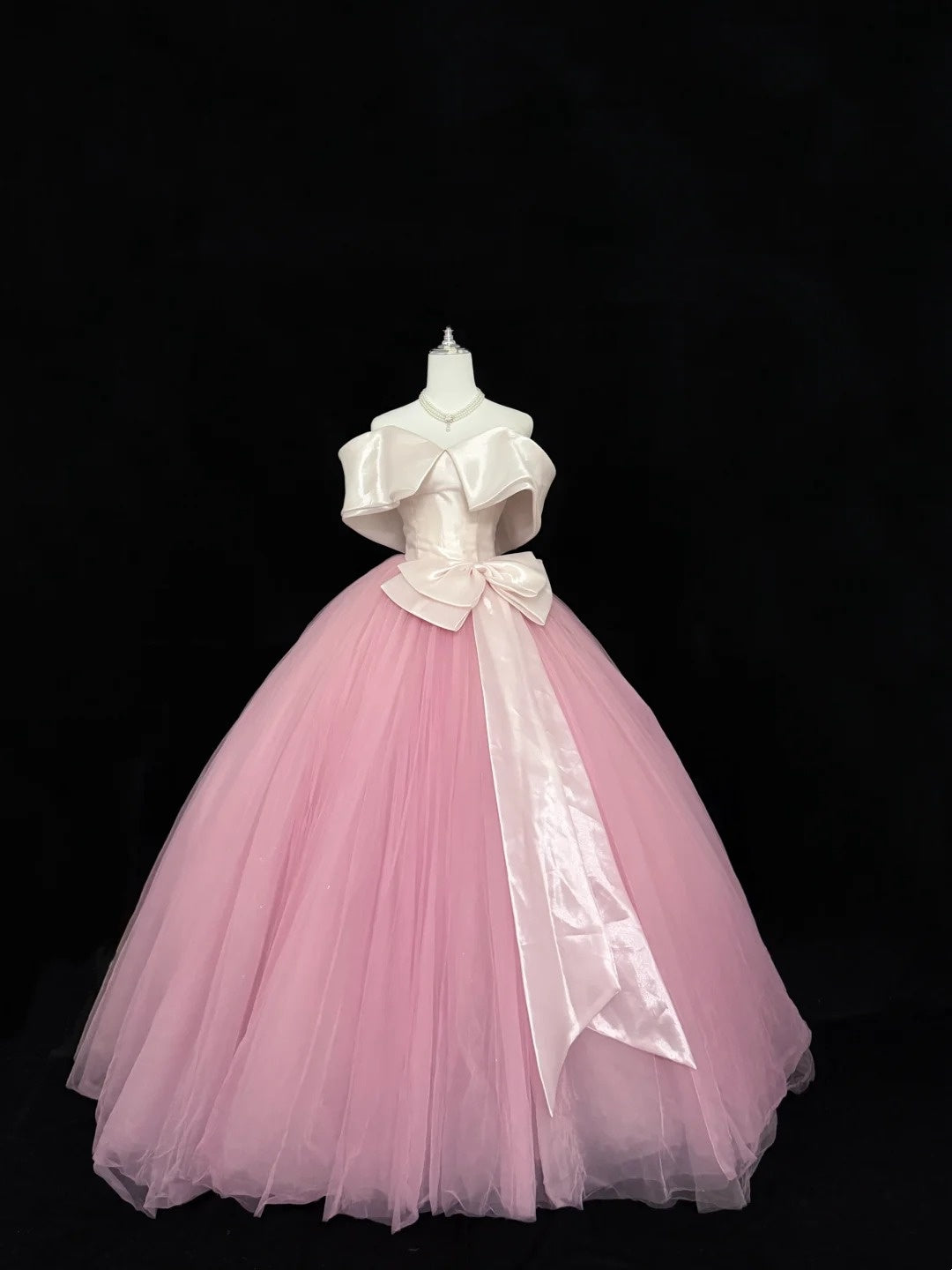 Prom Dress Long Floor Length Ball Gown Off Shoulder Tulle Pink With Sleeves Formal Evening Gown For Women RC0287