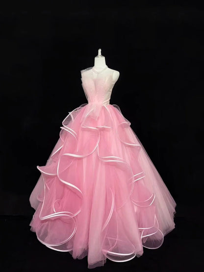 Pink Sweet 16 Dresses Long Ball Gown Sweetheart With Ruffled Sweet Sixteen Birthday Gown RC0224