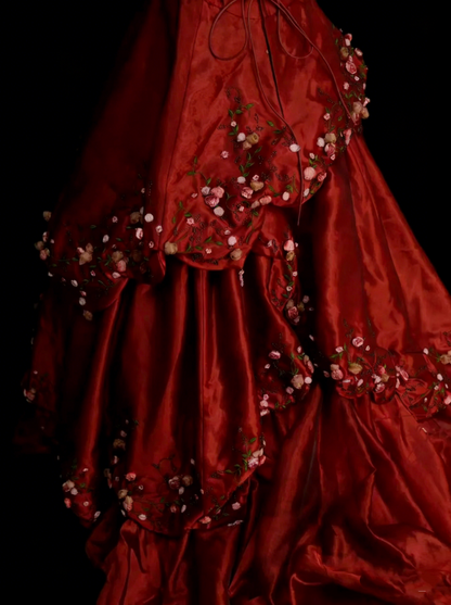 Sweet Ball Gown One Shoulder Dark Red Satin With Tiered Layers Ruffles Long Party Gowns Prom Dresses N2241
