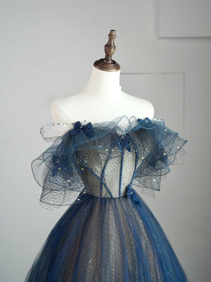 Modest Ball Gown Off The Shoulder Blue Tulle College Formal Sweet 16 Outfit Long Prom Dresses For Teens N1173