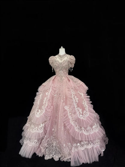 Sweet 16 Dresses Long Ball Gown Sweetheart Pink With Lace Appliques Sweet Sixteen Birthday Gown RC0320