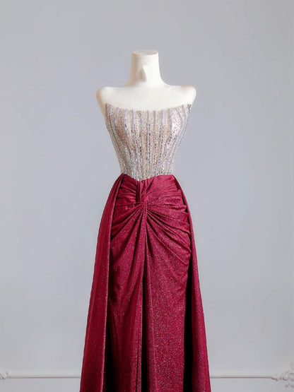 Sparkly Sheath Strapless Burgundy Sequin Long Prom Dresses Impress 18th Birthday Outfits Party Gown N343