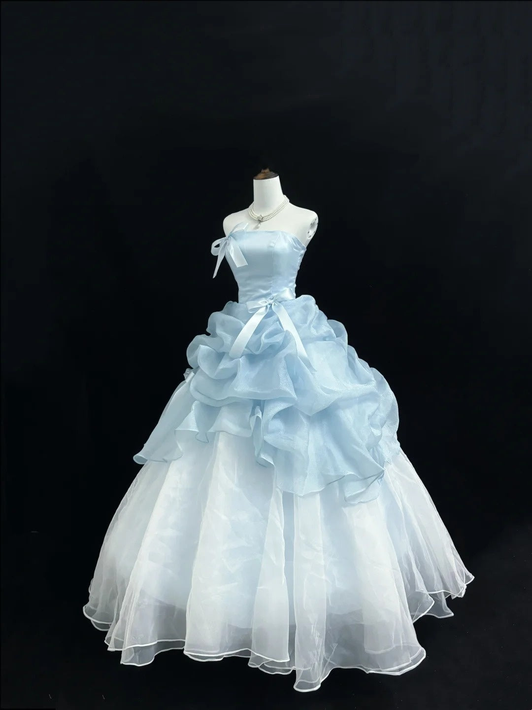 Light Blue Prom Dress Long Floor Length Ball Gown Strapless With Bow-knot Formal Evening Gown For Women RC0226