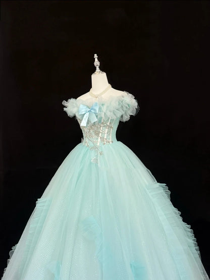 Blue Sweet 16 Dresses Long Ball Gown Off Shoulder Tulle Formal Sweet Sixteen Birthday Gown RC0238