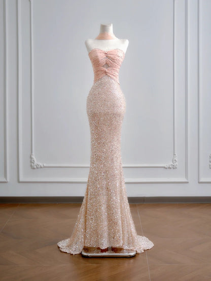 Sparkling Mermaid Sweetheart Champagne Pink Sequin Long Prom Dresses Impress 18th Birthday Outfits Party Gown N386