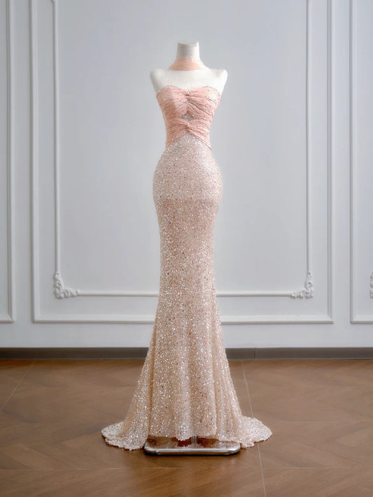 Sparkling Mermaid Sweetheart Champagne Pink Sequin Long Prom Dresses Impress 18th Birthday Outfits Party Gown N386