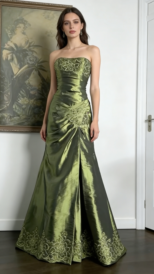 Vintage Mermaid Strapless Olive Green Taffeta Long 1950s Retro Classy Prom Dresses Party Dress 21st Birthday Outfits Graduation Dress B629