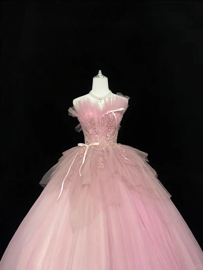 Sweet 16 Dresses Long Ball Gown Sweet Sixteen Long Birthday Dress Strapless Pink Tulle Formal Gown RC0326
