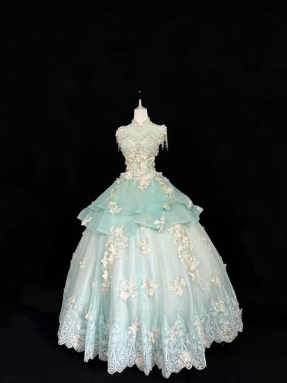 Sweet 16 Dresses Long Ball Gown Sweet Sixteen Long Birthday Dress High Neck Mint Green Tulle Formal Gown RC0281