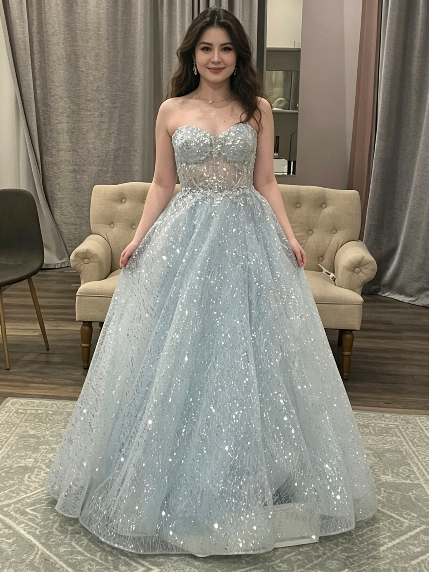 Sparkly Ball Gown Sweetheart Sequin Light Sky Blue Prom Dresses Inspiration Prom Dress Princess Graduation Dress B301