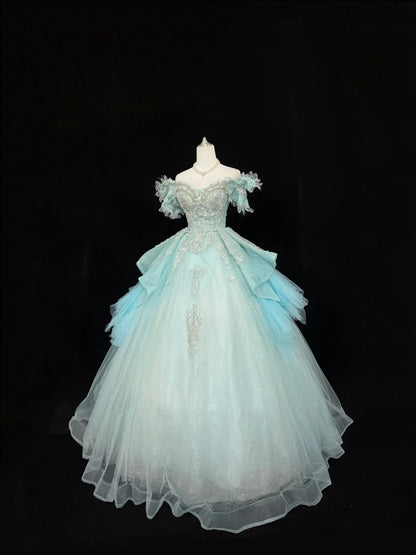 Sweet 15 Quinceanera Dress Ball Gown Off Shoulder Blue With Lace Appliques Tulle 15th Birthday Gown RC0261