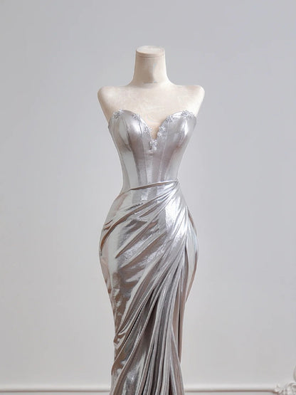 Shiny Mermaid Sweetheart Silver Sequin Prom Dresses Long Evening Formal Gown With High Slit Party Gowns N345