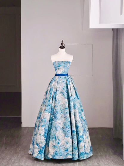 Beautiful Ball Gown Strapless Blue Floral Satin Long Prom Dresses Formal Gowns Inspo Evening Outfit N241