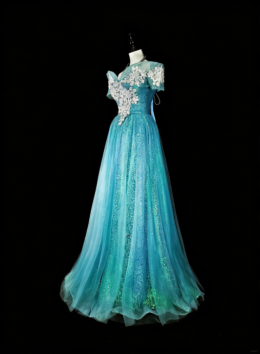 Dreamy Prom Dresses Aesthetic 80s Retro Off The Shoulder Light Blue Tulle Lace Long Formal Outfits N2364