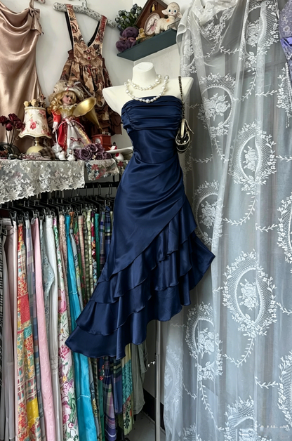 Vintage Mermaid Strapless Champagne Satin Mid Length Graduation Birthday Outfits Homecoming Dresses N3740