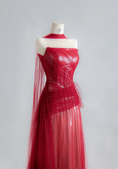 Simple A Line Strapless Red With Scarf Prom Dresses Long Evening Formal Gown BirthdayParty Gowns N376