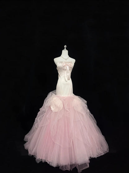 Prom Dress Long Floor Length Mermaid Strapless Tulle Pink With Flowers Formal Evening Gown For Women RC0322