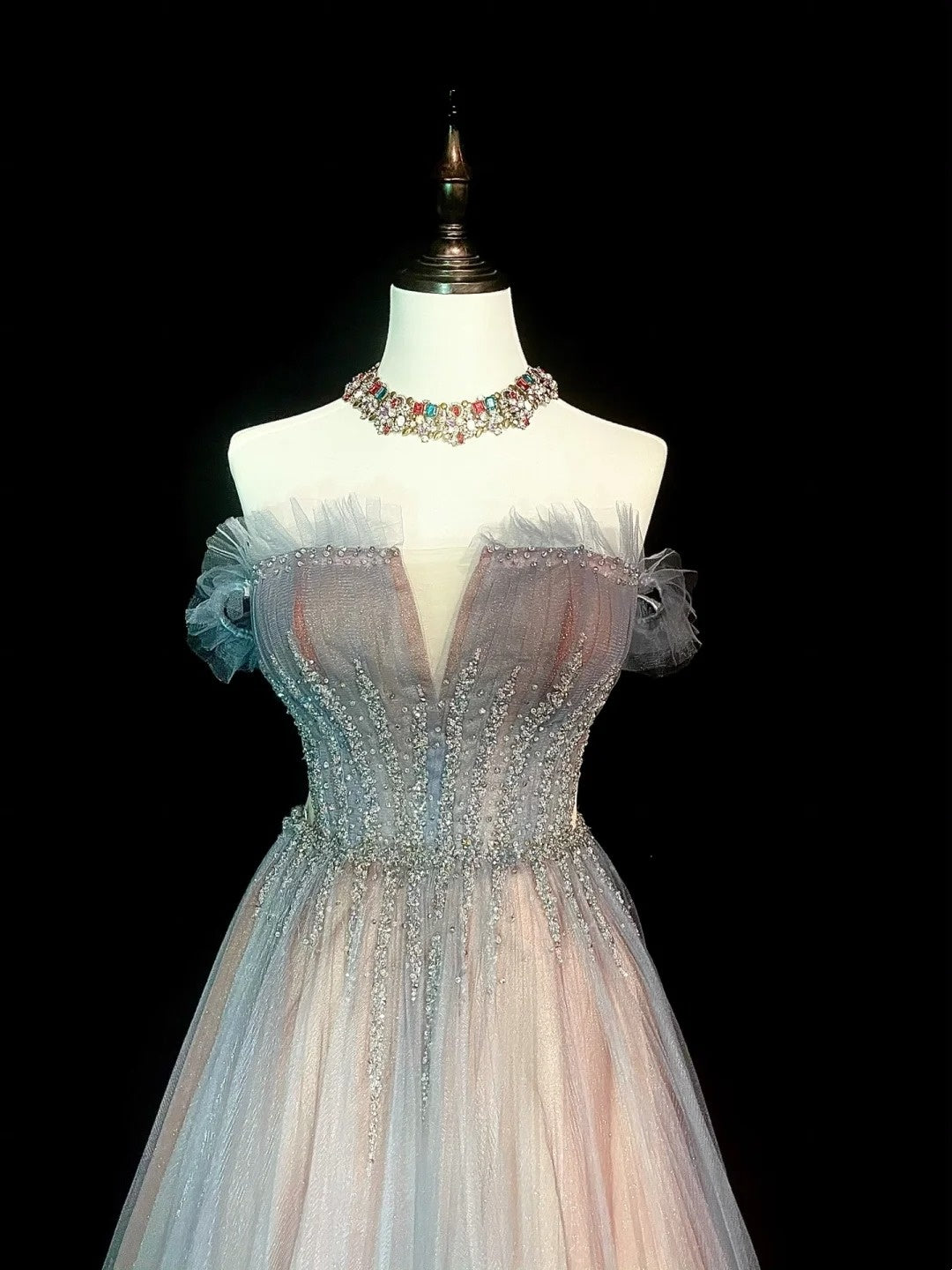 Vintage 1760s A Line Off The Shoulder With Cape Tulle Sleeves Pleated Long Prom Dresses N1584