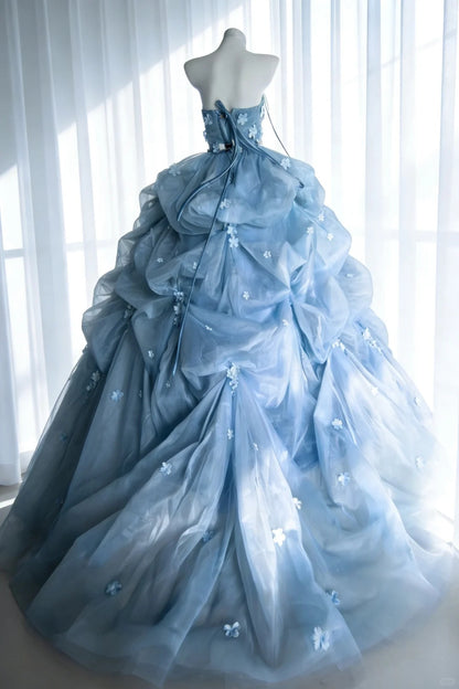 Modest Prom Dresses Ball Gown Strapless Blue Tulle With Flowers Long Quince Dress N3048