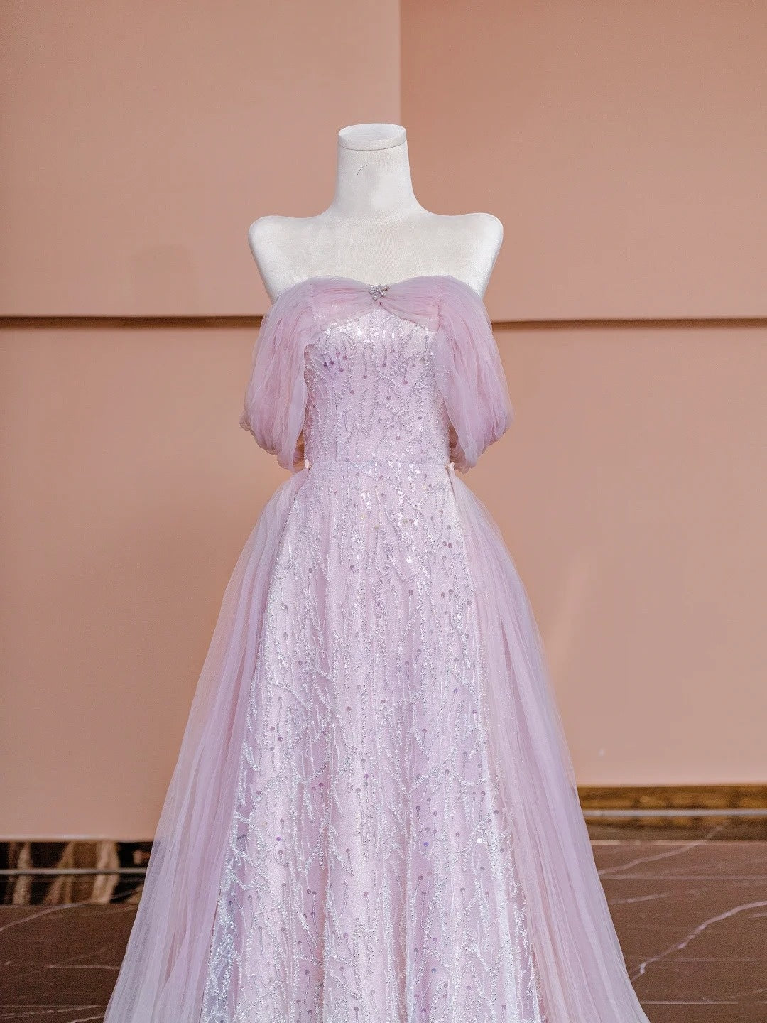 Sparkly A line Off The Shoulder Pink Sequined With Short Sleeves Formal Evening Dress Gowns Long Prom Dresses N723