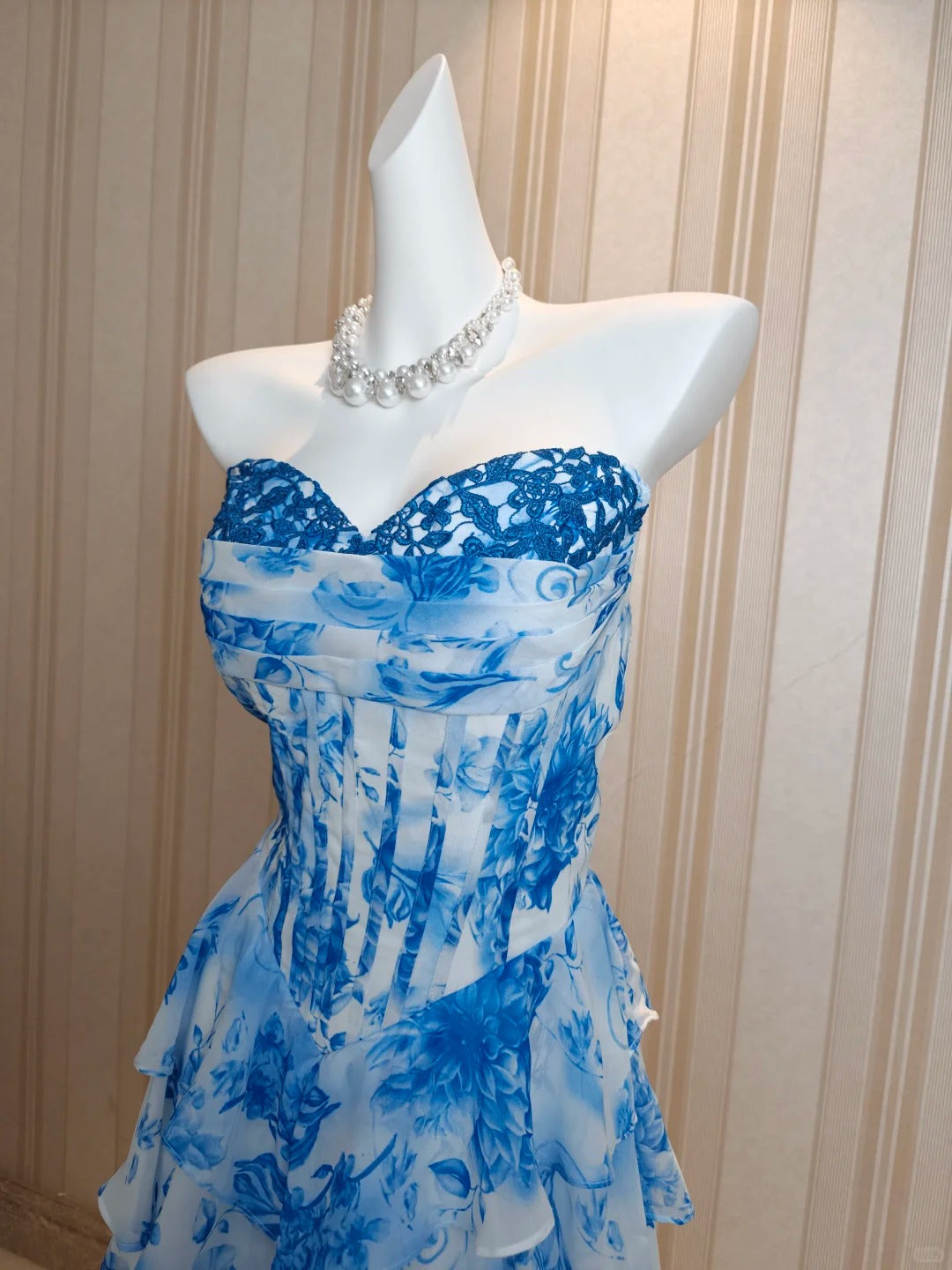 Modest A line Sweetheart Floral Blue Chiffon Ruffled Tiered Layers Evening Dresses Night Date Prom Dress N4482
