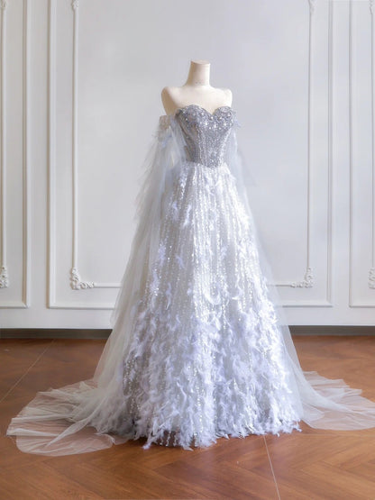 Timeless Ball Gown Sweetheart Silver Sequin With Beaded Feathers Long Prom Dresses Inspiration Party Dress Prom Gowns N306