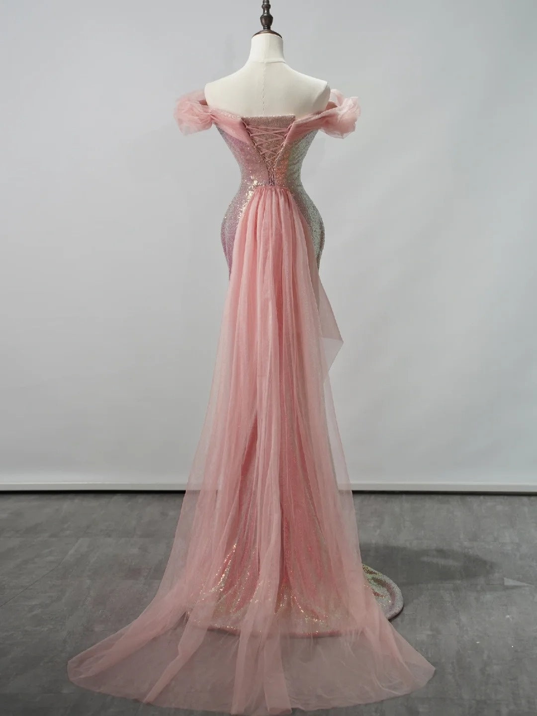 Sparkly Mermaid Off The Shoulder Pink Sequin Short Sleeves Long Prom Dresses Formal Gowns Evening Dress N682