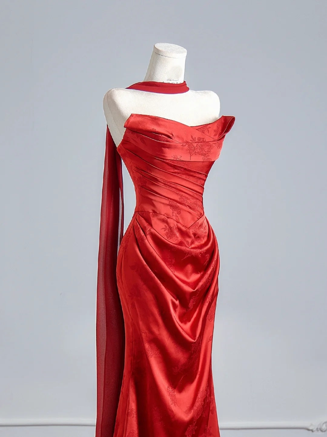 Flattering Mermaid Strapless Red Satin With Scarf Prom Dresses Long Evening Formal Birthday Party Gowns N383