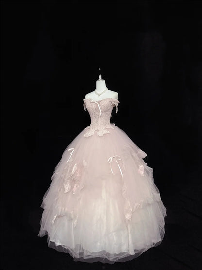 Sweet 15 Quinceanera Dress Ball Gown Off Shoulder Blush Pink With Tiered Long 15th Birthday Gown RC0289