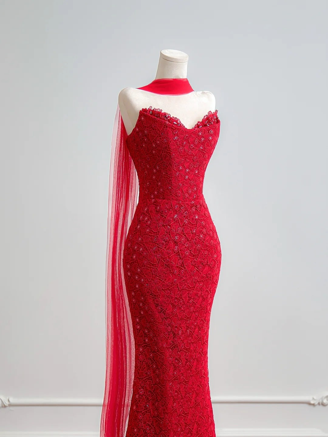 Romantic Mermaid Sweetheart Red Lace With Scarf Long Prom Dresses Impress 18th Birthday Outfits Party Gown N395