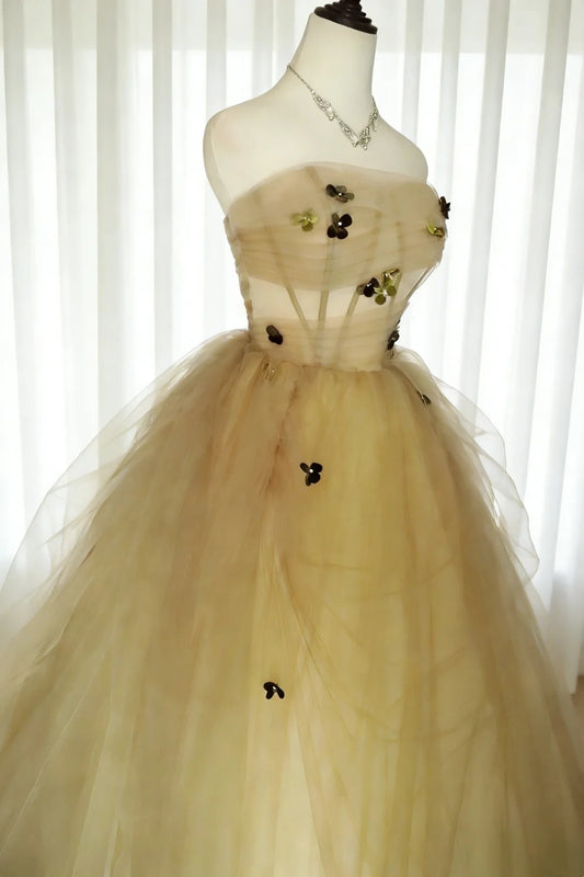 Modest Prom Dresses Ball Gown Strapless Yellow Tulle With Flowers Long Quince Dress N2963