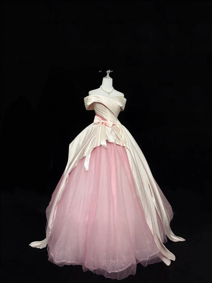 Tulle Prom Dress Long Floor Length Ball Gown Off Shoulder Pink With Sleeves Formal Evening Gown For Women RC0259