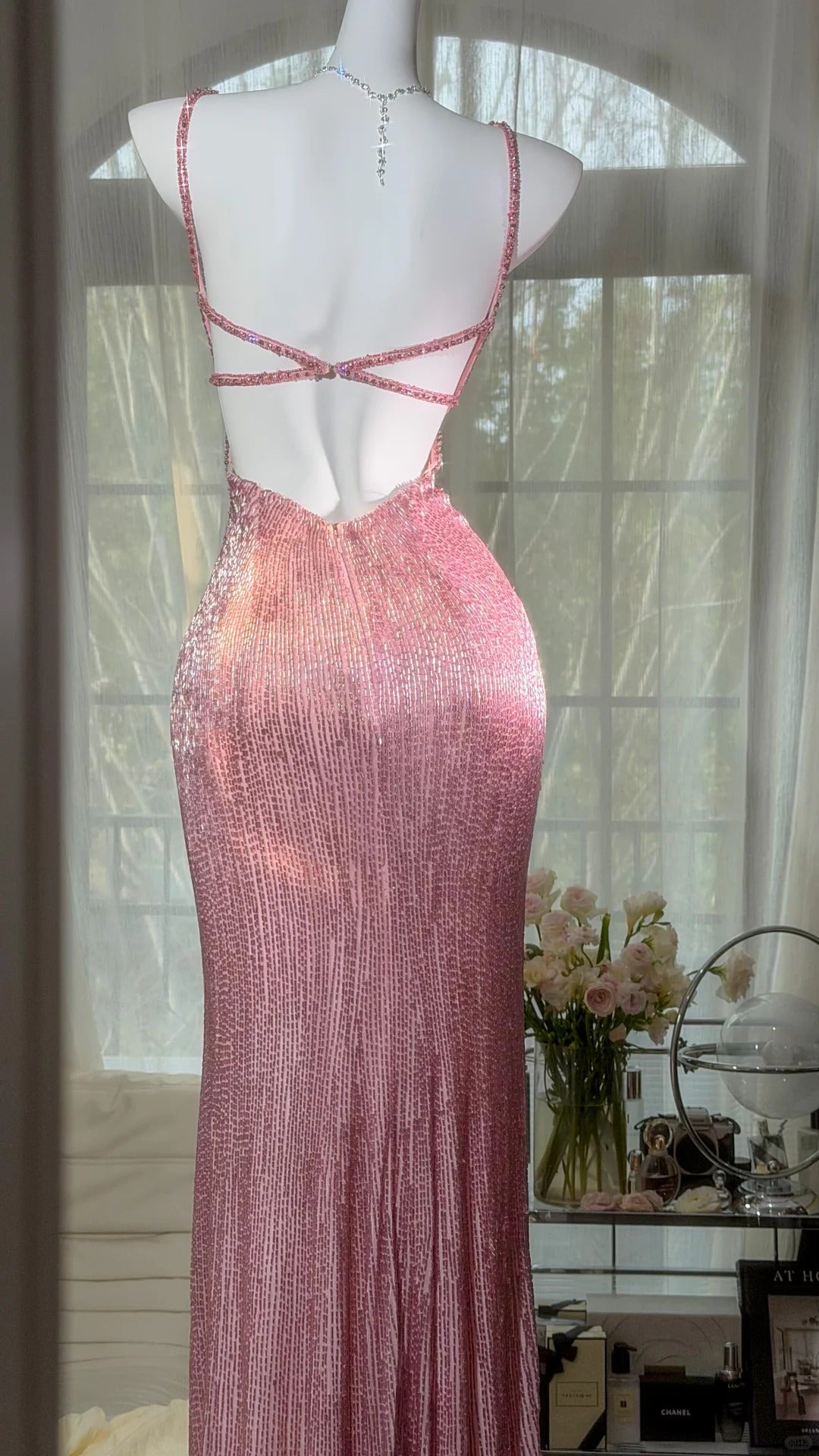 Elegant Prom Dresses Mermaid Spaghetti Strap Pink Sequin Slit Floor Length Formal Evening Outfits N3521