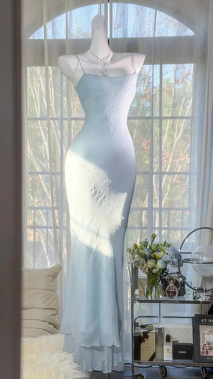 Elegant Prom Dresses Mermaid Spaghetti Strap Light Sky Blue Chiffon Floor Length Formal Evening Outfits N3522