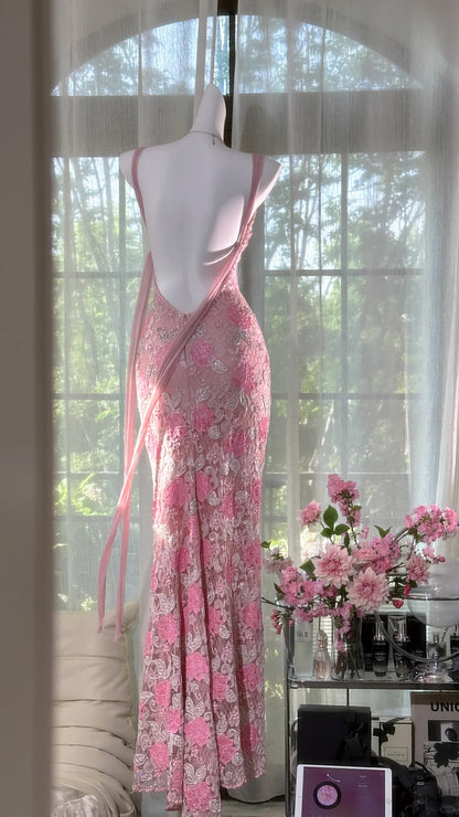 Modest Prom Dresses Mermaid Spaghetti Strap Pink Lace Sleeveless Backless Long Evening Outfits N3568