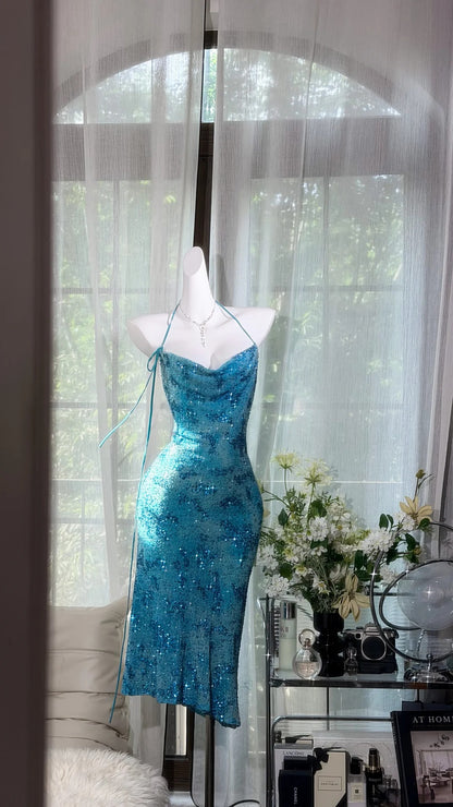 Classic Mermaid Halter Blue Sequin With Beads Midi Tea Length Prom Dresses Inspo Formal Outfits RB4509