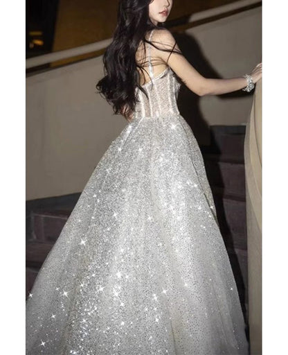 A line Bling Silver Corset Top Long Prom Dress With Straps AB963
