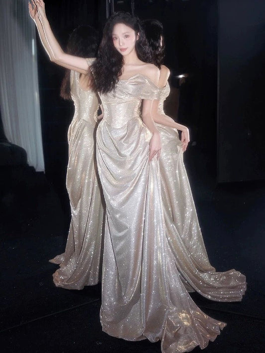 Champagne Sequin Evening Dress Mermaid Floor Length Strapless Off The Shoulder Special Occasion AB968