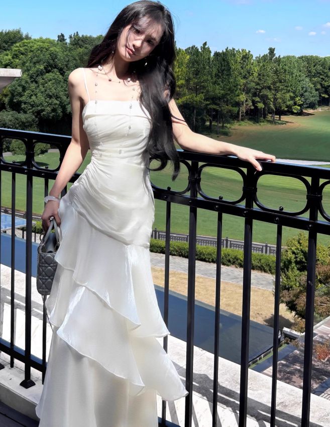 White Satin Sweetheart Mermaid Long Party Dress, White Straps Prom Dress AB966