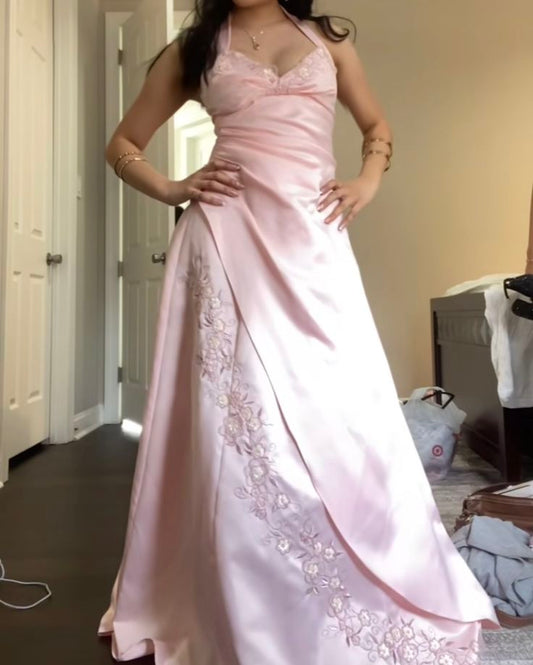 Vintage A Line Halter Pink Satin Long Formal Gowns Evening Maxi Dress Prom Dress Aesthetic For Women Party Outfits AB1216