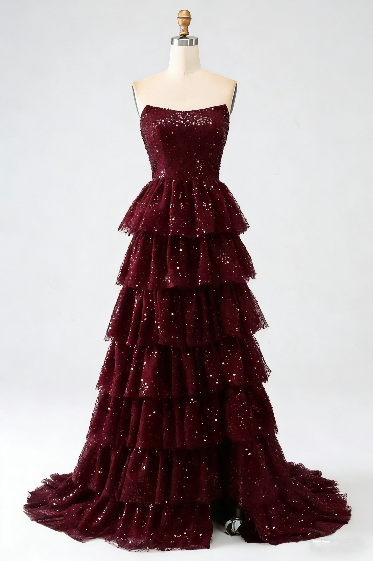 Sparkly Ball Gown Strapless Burgundy Prom Dresses Fashion Evening With Slit Sequin Long Formal Party Gowns N795