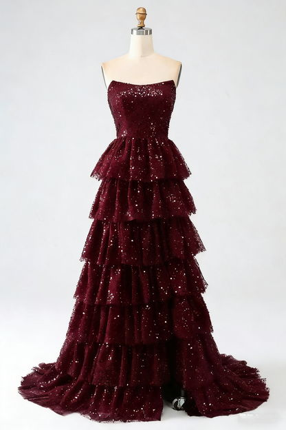 Sparkly Ball Gown Strapless Burgundy Prom Dresses Fashion Evening With Slit Sequin Long Formal Party Gowns N795