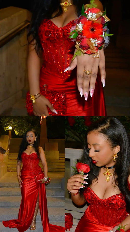 Sparkly Mermaid Spaghetti Strap Red Satin Long Prom Dresses For Black Gilrs Formal Dresses N715