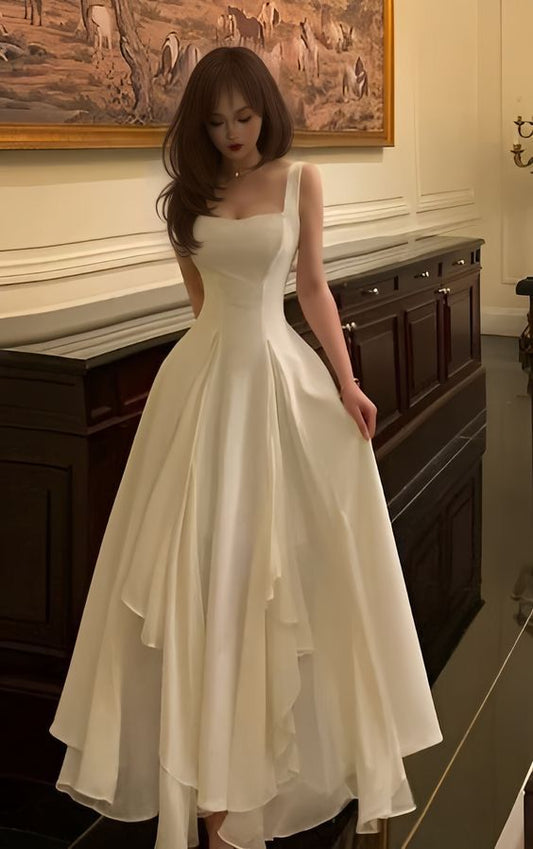 Gorgeous A Line Square Neckline Sleeveless White Date Night Dress Prom Dresses Birthday Outfits AB1915