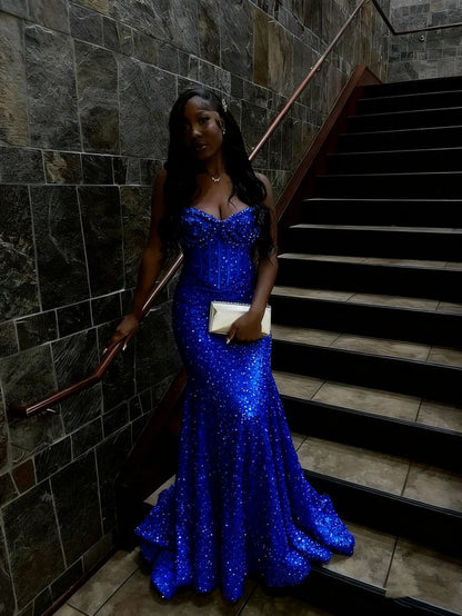 Mermaid Gold Sequin Long Prom Gown Lace Up Back Evening Dress For Plus Size Black People Girls N828
