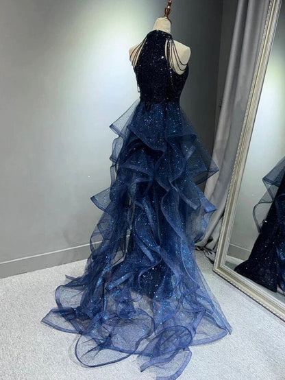 Navy Blue Sequins Long Prom Formal Dress Mermaid Evening Party Dresses AB680