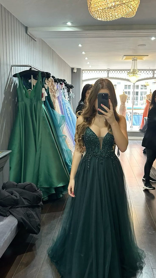 Classy A Line Spaghetti Strap Emerald Green Tulle Prom Dress Aesthetic For Teens Formal Dress Party Outfits Prom Gowns AB1070