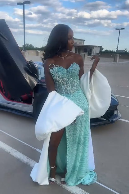 Pretty Mint Strapless Corset Mermaid Beaded Long Prom Dress with Slit N2113