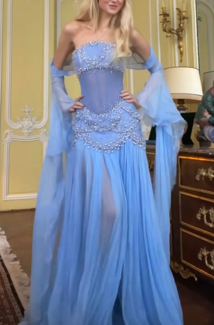 Luxury Baby Blue Pearl Chiffon Prom Dress Princess Birthday Dress For Women AB1455